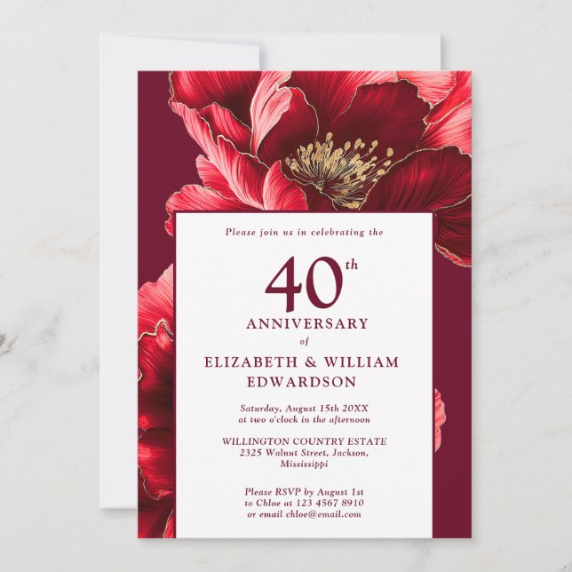 Invitation Moderne Rouge Rubis Et Or Floral 40e Anniversaire (Devant)