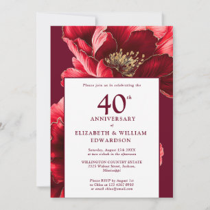 Invitation Moderne Rouge Rubis Et Or Floral 40e Anniversaire
