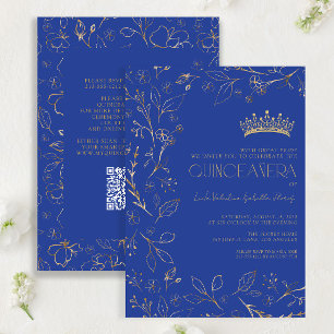 Invitation Moderne Royal Bleu Or Floral Tiara QR Quinceañera