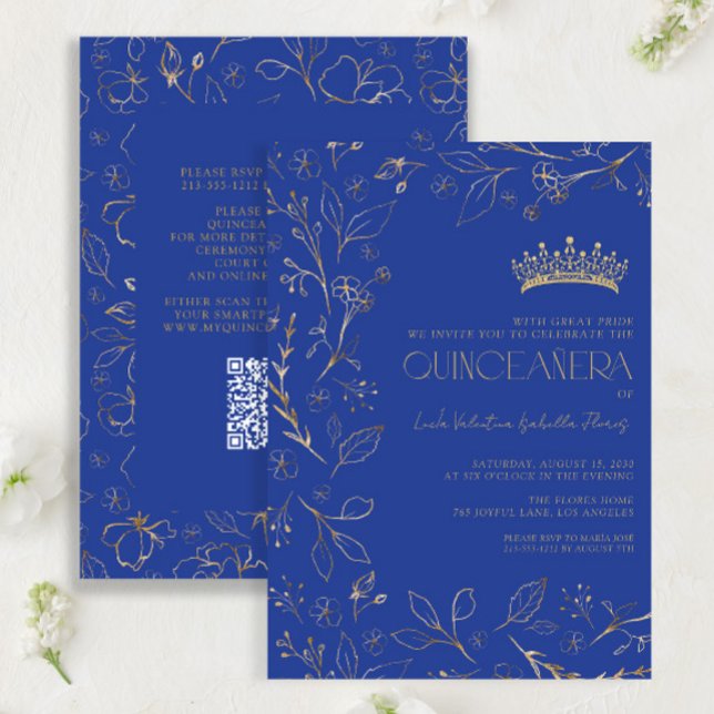 Invitation Moderne Royal Bleu Or Floral Tiara QR Quinceañera (Créateur téléchargé)
