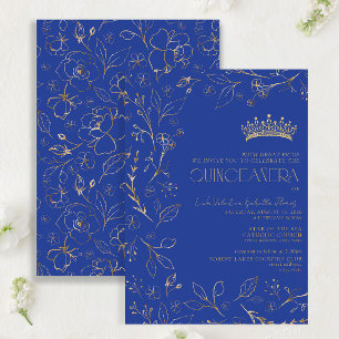 Invitation Moderne Royal Bleu Or Floral Tiara Quinceañera