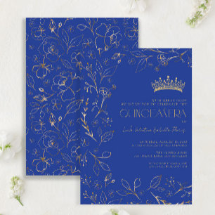 Invitation Moderne Royal Bleu Or Floral Tiara Quinceañera