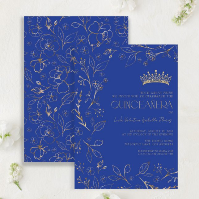 Invitation Moderne Royal Bleu Or Floral Tiara Quinceañera (Créateur téléchargé)