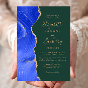 Invitation Moderne Royal Blue Gold Agate Emerald Green Mariag