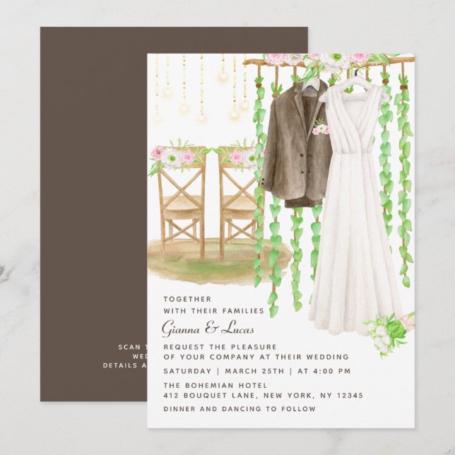 Invitation Moderne Rustique Aquarelle extérieure Mariage Flor (Devant / Derrière)