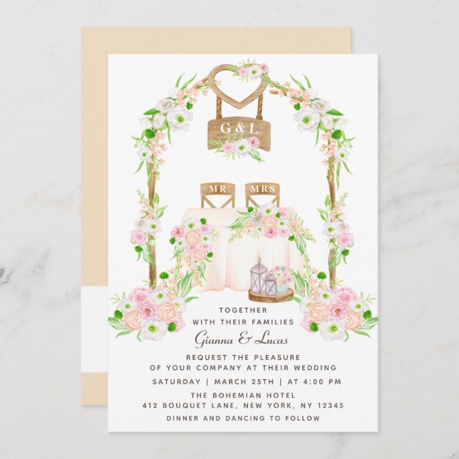 Invitation Moderne Rustique Aquarelle extérieure Mariage Flor (Devant / Derrière)