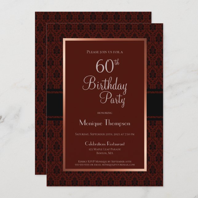 Invitation Moderne Rustique Bourgogne Cuivre 60e fête d'anniv (Devant / Derrière)