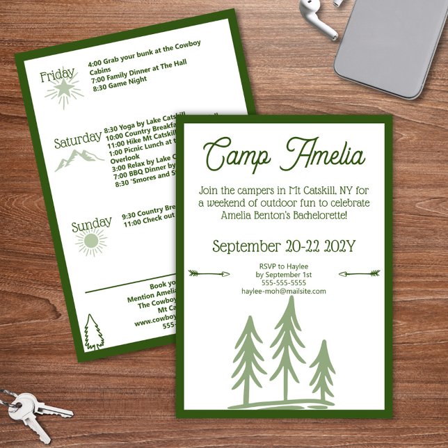 Invitation Moderne Rustique Camp Bachelorette Itinéraire Vert (Camp Bachelorette Invitation with Weekend Itinerary)
