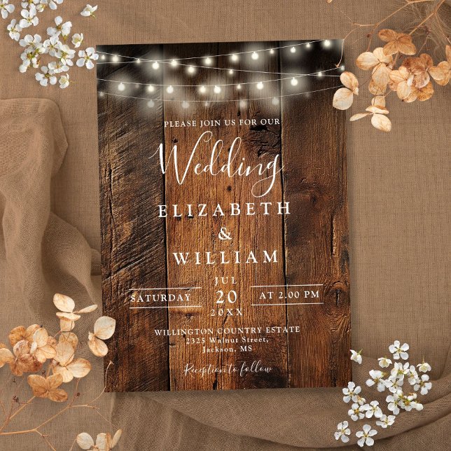 Invitation Moderne Rustique Grange Chaîne de bois Mariage (Modern Rustic Barn Wood String Lights Wedding Invitation)
