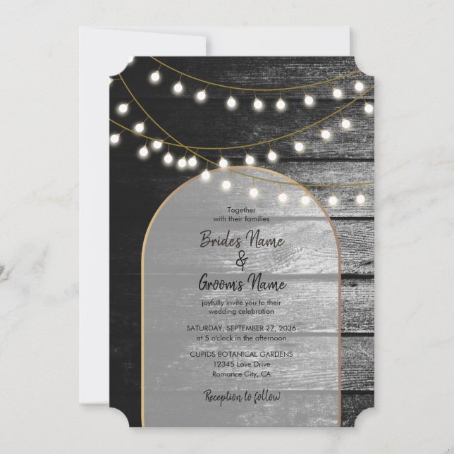 Invitation Moderne Rustique Noir Bois Lumière Arc Mariage (Devant)