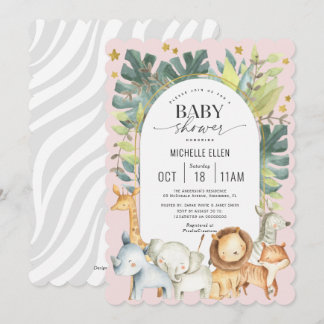 Invitation Moderne Safari thème de l'aquarelle rose bébé fill