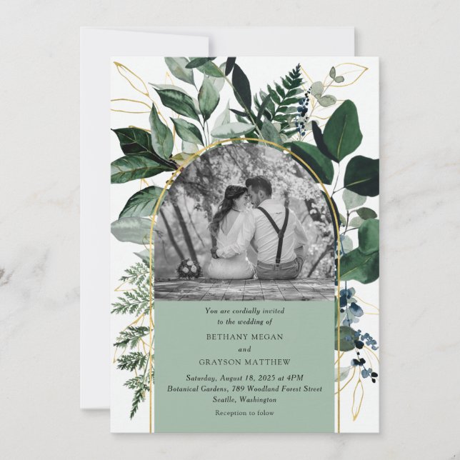 Invitation Moderne Sage Green Aquarelle Feuille photo mariage (Devant)
