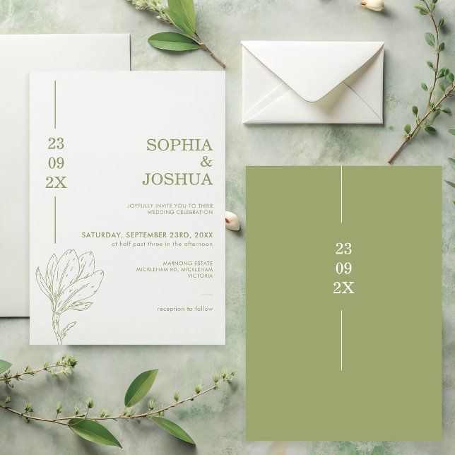 Invitation Moderne Sage Green Date Line Mariage Floral (Modern Line Floral Sage Wedding Invitation, Sage Green Wedding Invitation, Sage Wedding Invite)