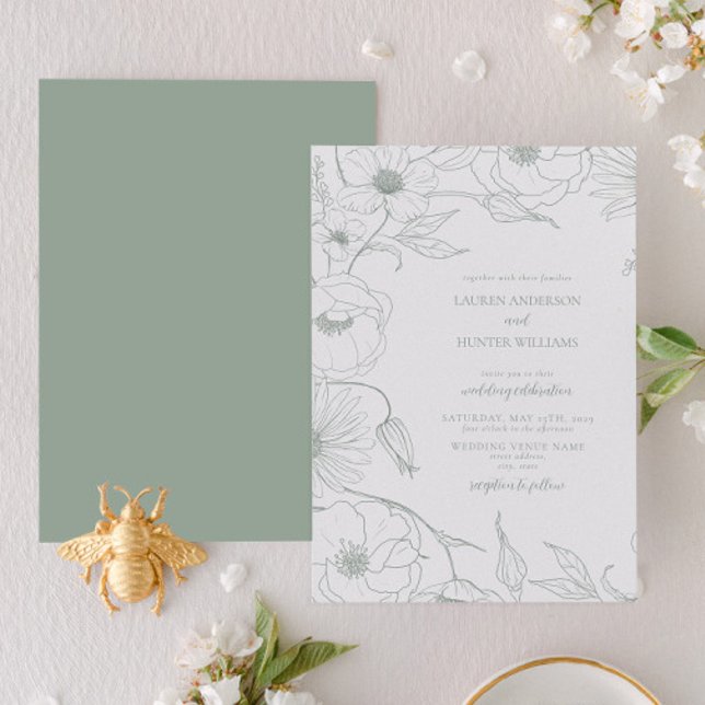 Invitation Moderne Sage Green Line Art Floral Mariage (Créateur téléchargé)
