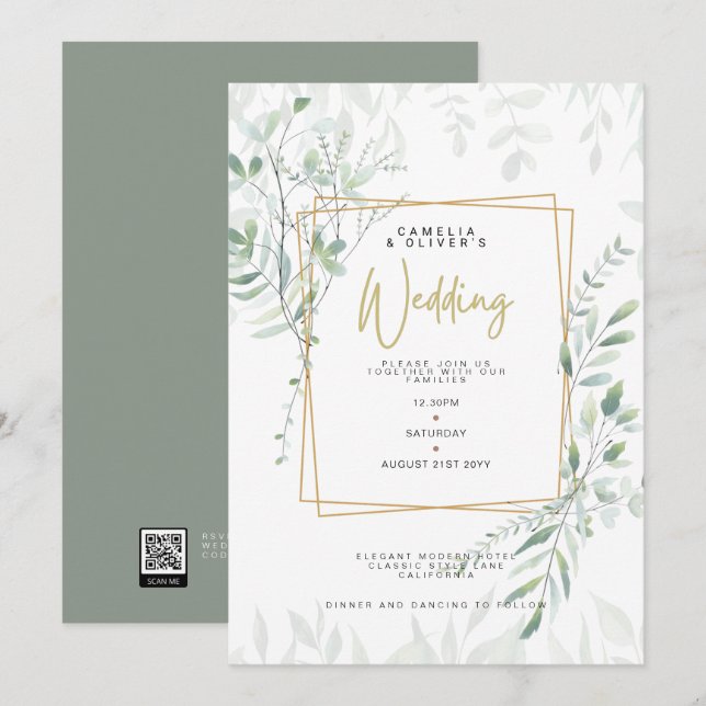 Invitation Moderne Sage Greenery Mariage QR Code RSVP Invitat (Devant / Derrière)