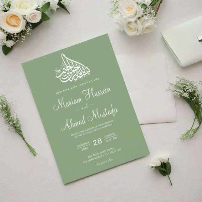 Invitation Moderne Sage minimaliste Vert Mariage islamique Ni (Modern Minimal Sage Green Islamic Nikah Wedding Invitation)