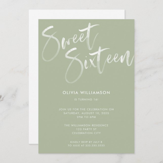 Invitation Moderne Sage Vert Brush Script Sweet 16 Anniversai (Devant / Derrière)