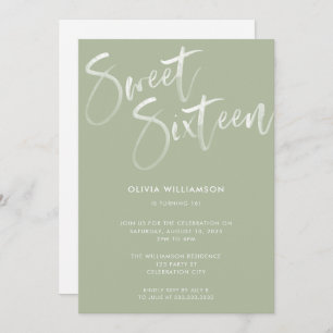 Invitation Moderne Sage Vert Brush Script Sweet 16 Anniversai