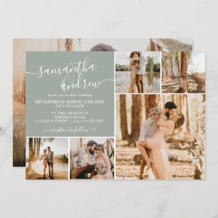 Invitation Moderne sauge vert script 6 photos mariage