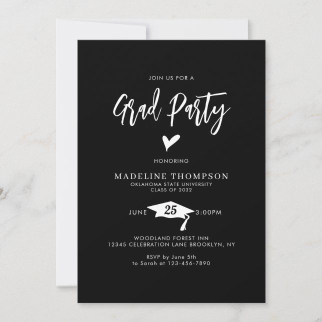 Invitation Moderne Script Coeur Grad Party Black Graduation (Devant)