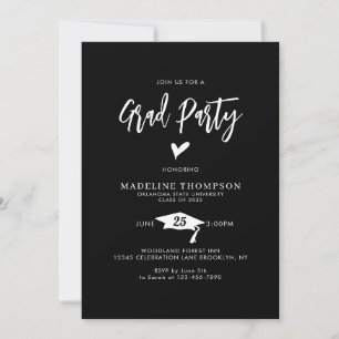 Invitation Moderne Script Coeur Grad Party Black Graduation