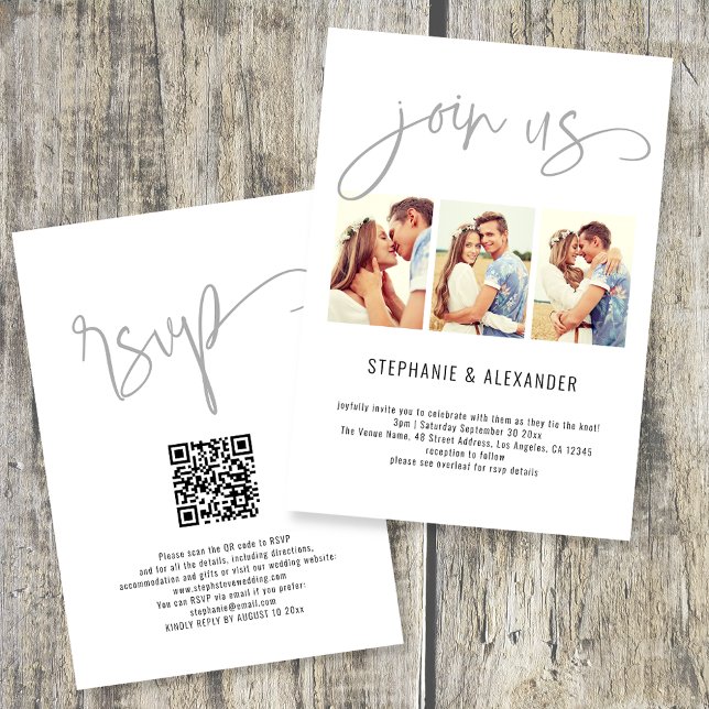Invitation Moderne Script de mariage "3 Photos Rejoignez-nous (Créateur téléchargé)
