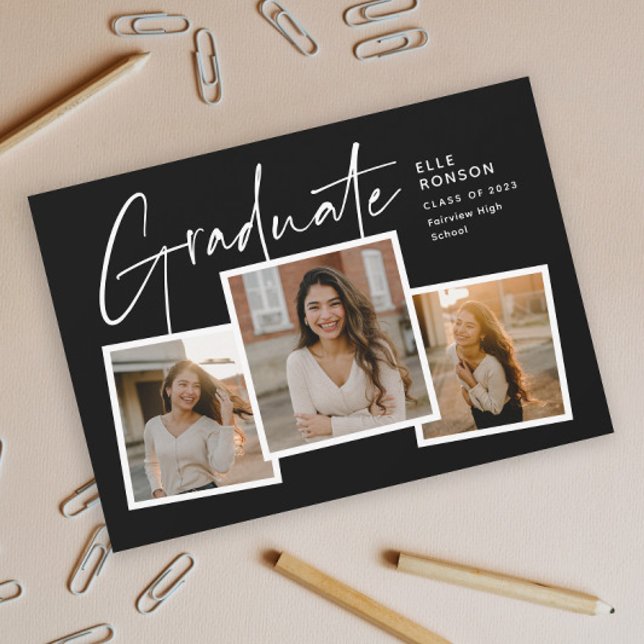Invitation Moderne Script Graduate Photo Collage Graduation (Modern Script Graduate Black and White Photo Collage Graduation Invitation.)