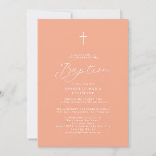 Invitation Moderne Script Peach Baby Photo Baptême
