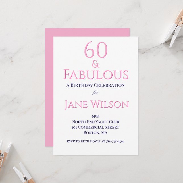 Invitation Moderne Script Rose Navy 60 Anniversaire Fabuleux  (Devant/Arrière en situation)