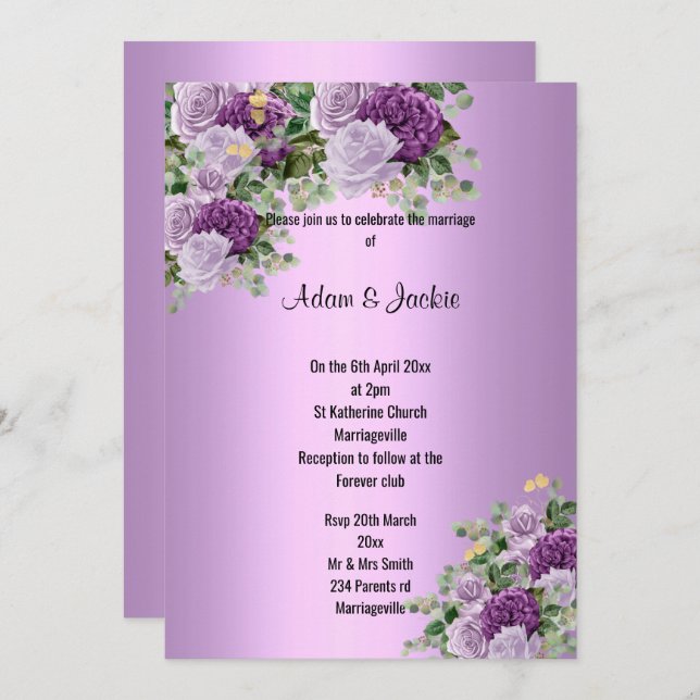 Invitation Moderne Silver Lilac Purple floral ÉLÉGANT MARIAGE (Devant / Derrière)