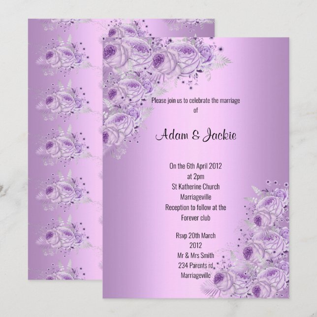 Invitation Moderne Silver Lilac Purple floral ÉLÉGANT MARIAGE (Devant / Derrière)