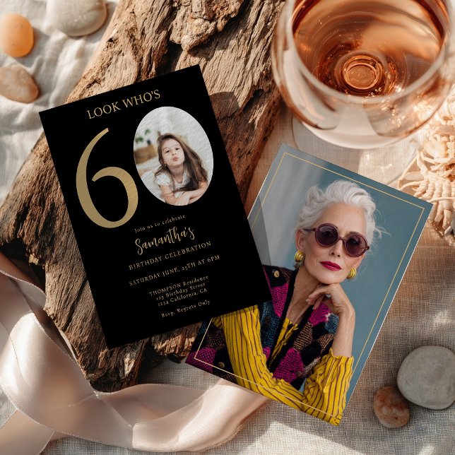 Invitation Moderne Simple amusant Black Gold 60e anniversaire (Modern Simple Fun Black Gold 60th Birthday Photo Invitation)