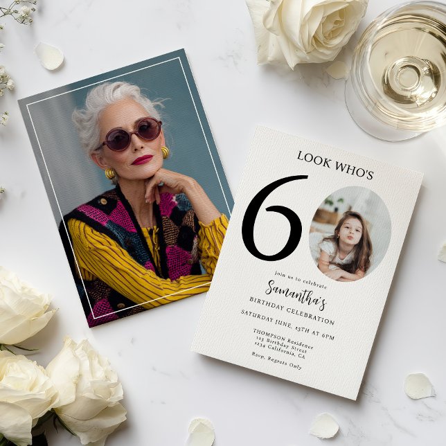 Invitation Moderne Simple amusant noir blanc 60e anniversaire (Modern Simple Fun Black White 60th Birthday Photo Invitation)