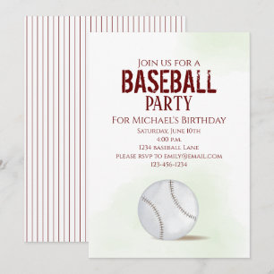 Invitation Moderne Simple Anniversaire Aquarelle Baseball Mig