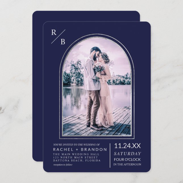 Invitation Moderne simple Arc bleu marine Mariage (Devant / Derrière)