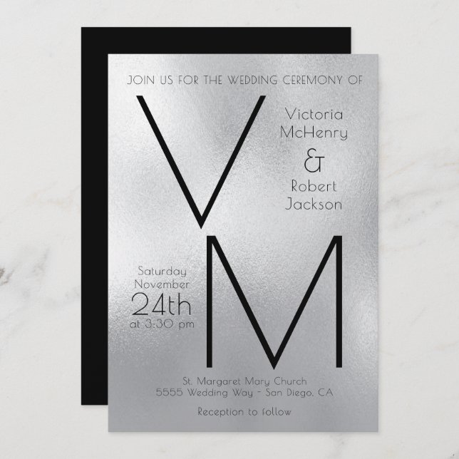 Invitation Moderne Simple Argent Faux Foil Initiales Mariage (Devant / Derrière)