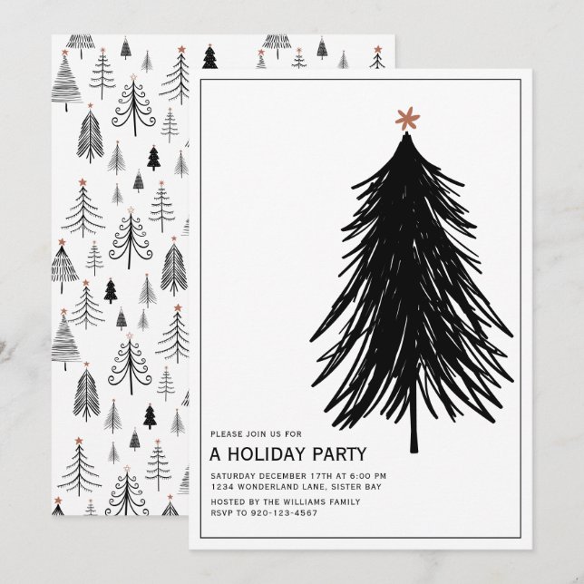 Invitation Moderne Simple Black White Tree Holiday Party Invi (Devant / Derrière)