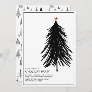 Invitation Moderne Simple Black White Tree Holiday Party Invi