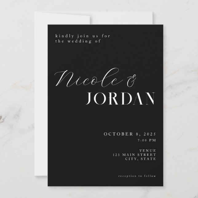 Invitation Moderne Simple Chic Mariage noir et blanc (Devant)