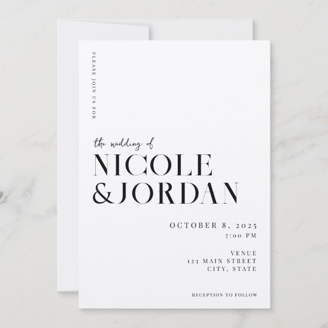 Invitation Moderne Simple Chic Noir et Mariage Ecru (Devant)