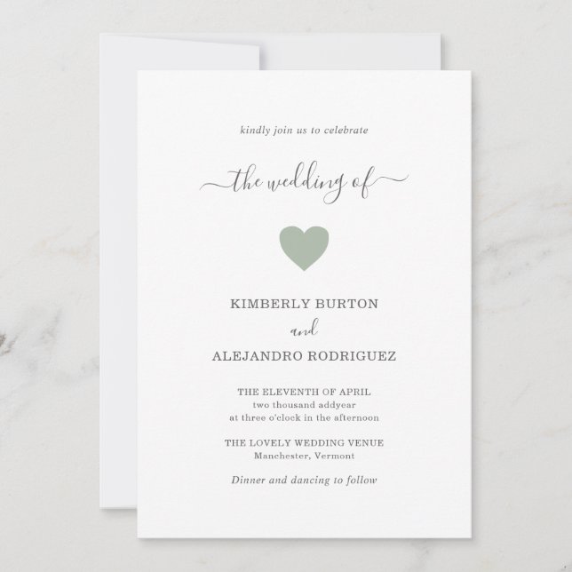 Invitation Moderne Simple Cute Heart Green Sage Mariage (Devant)