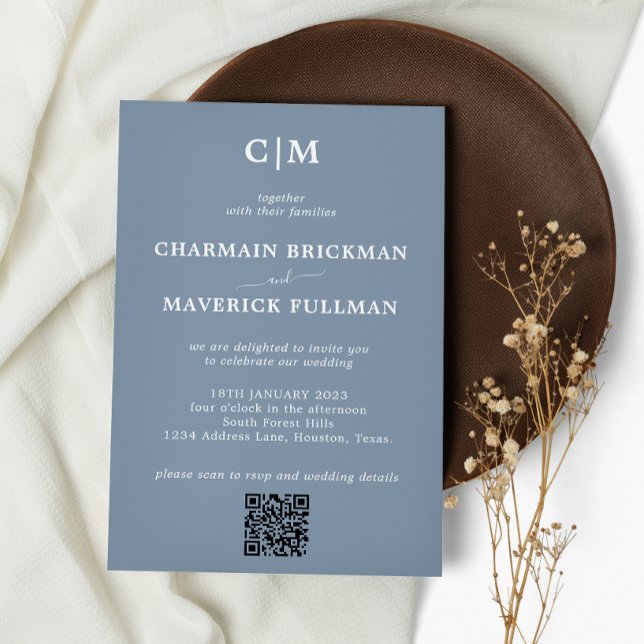 Invitation Moderne simple Dusty Blue Monogram Mariage de code (Créateur téléchargé)