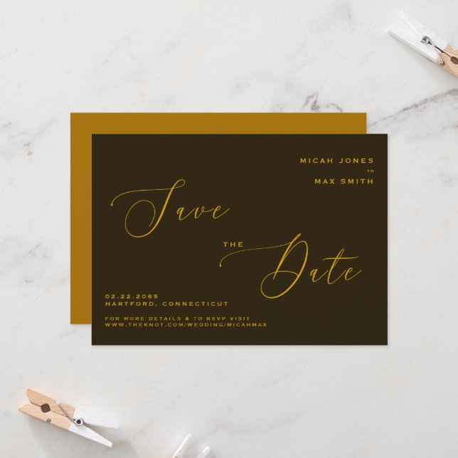 Invitation Moderne simple Enregistrer la date Brown & Or (Devant/Arrière en situation)