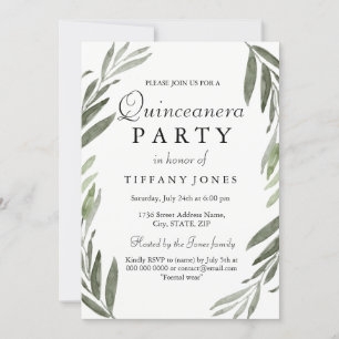 Invitation Moderne Simple Feuille verte Quinceanera Invitatio