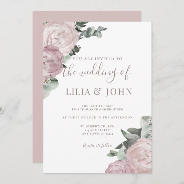 Invitation Moderne simple Floral Blush Dusty Mariage Rose (Devant / Derrière)