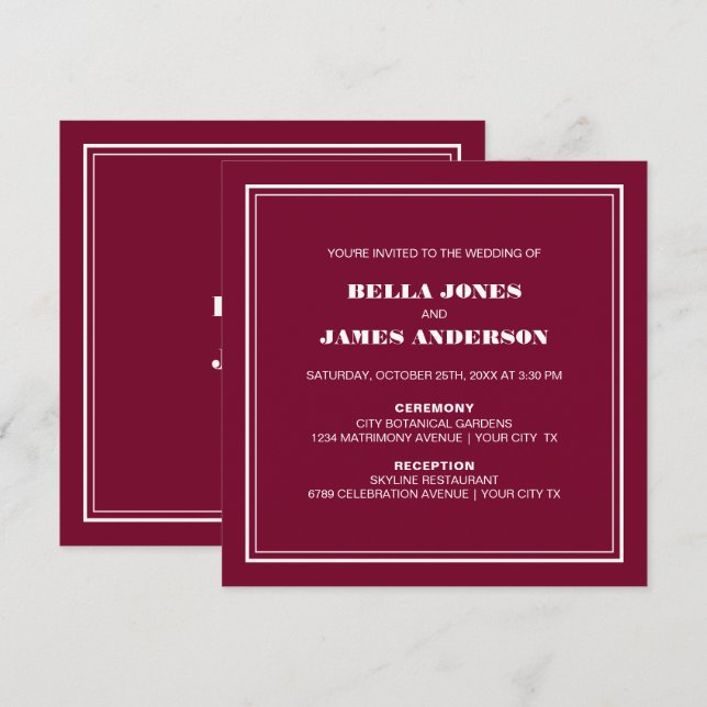 Invitation Moderne Simple Magenta Mariage blanc (Devant / Derrière)