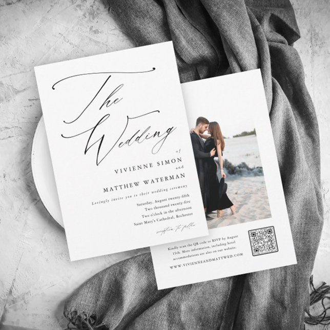 Invitation Moderne simple Mariage noir et blanc (Elegant script photo wedding invitation with QR Code Rsvp on the back.)