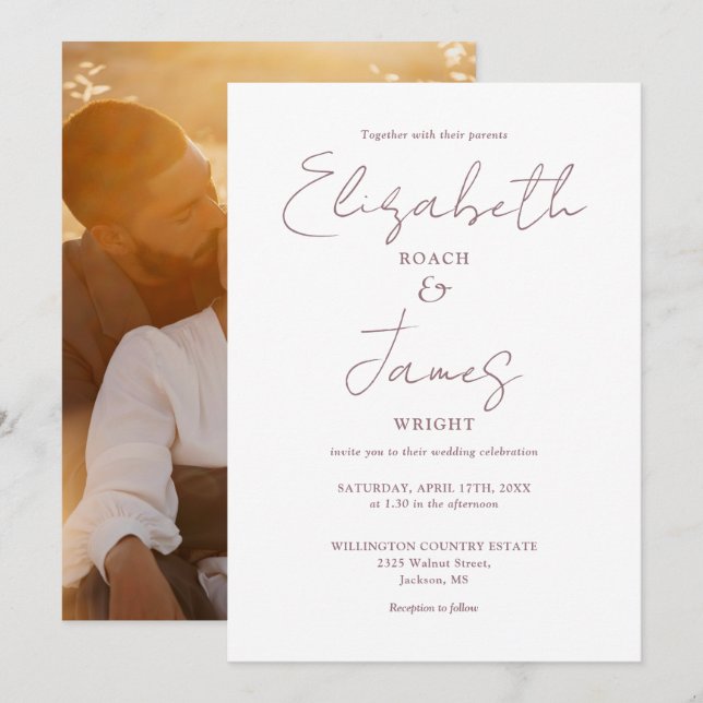 Invitation Moderne Simple Mauve Élégant Script Mariage photo (Devant / Derrière)