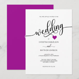 Invitation Moderne Simple Noir, Blanc Violet Mariage de coeur