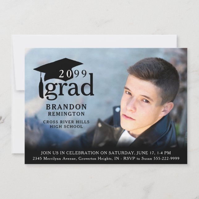 Invitation Moderne Simple Noir Grad 4e Diplôme Photo (Devant)
